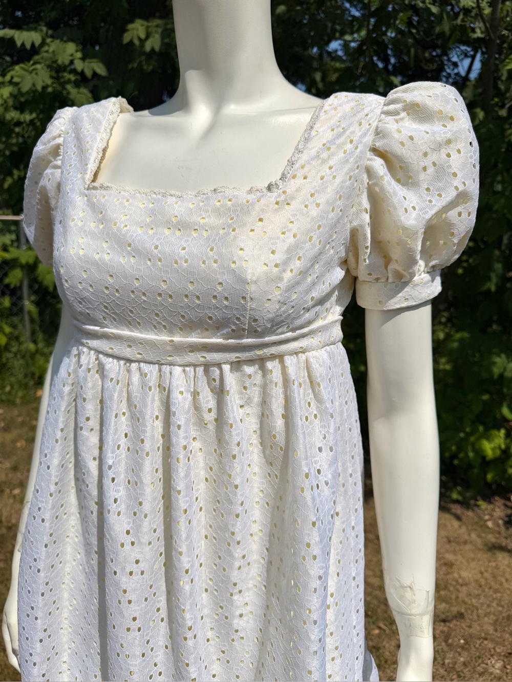 Vintage Bridgerton Regency Dress Gown White Eyelet Empire Waist Handmade Yellow